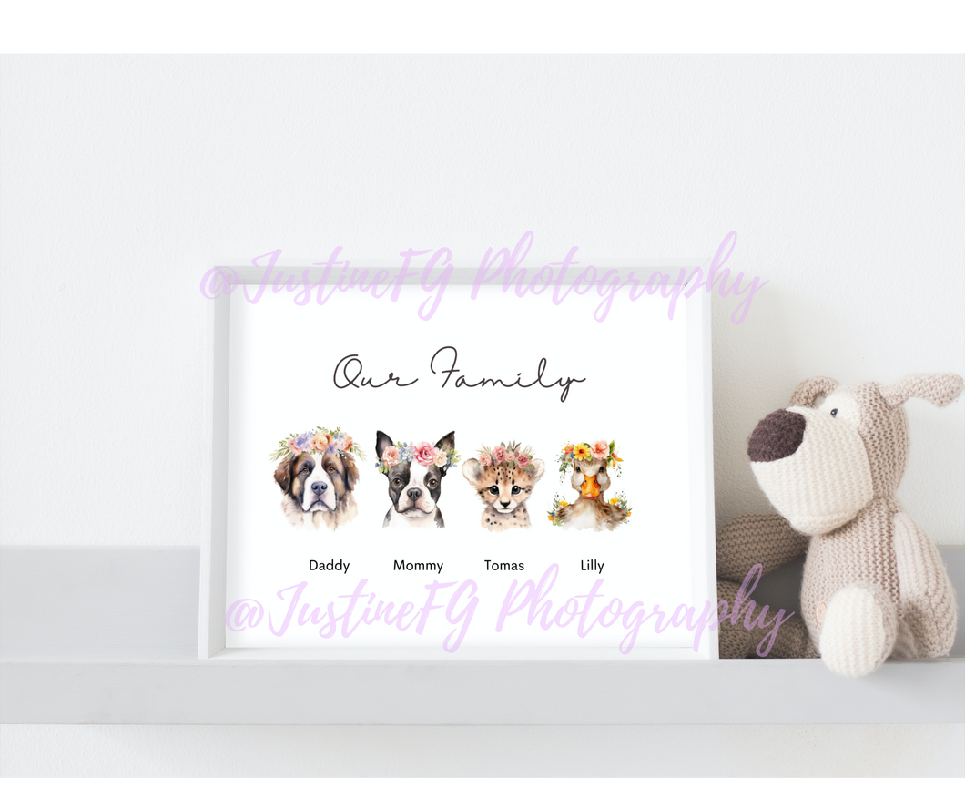 Our Family Name Prints Wall Art Decor Custom Cute Dog Animal Family Duckling Picture Customized Prints Anniversary Add Your Names / Dates