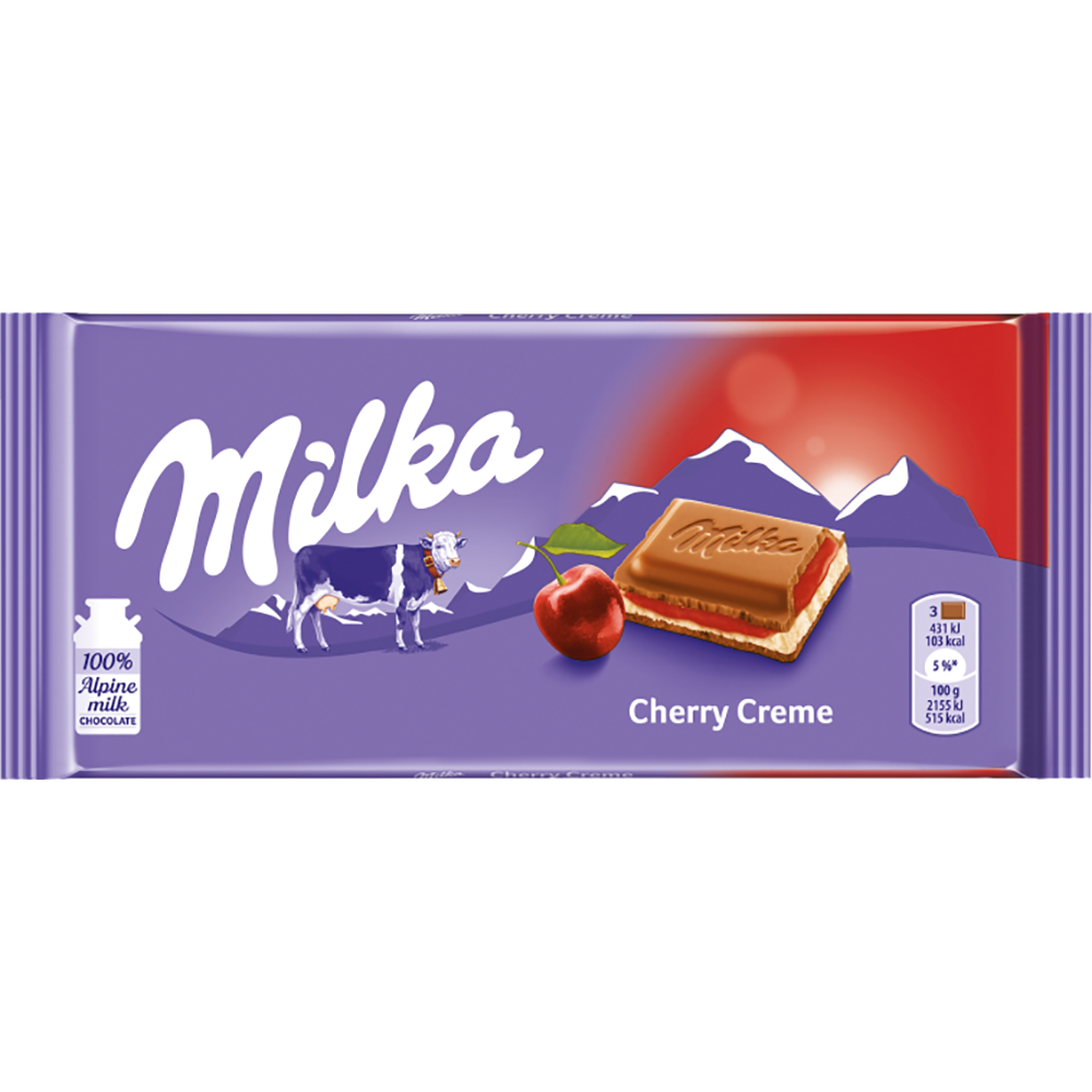 MILKA ALPINE MILK CHOCOLATE BAR CHERRY CREAM 100G