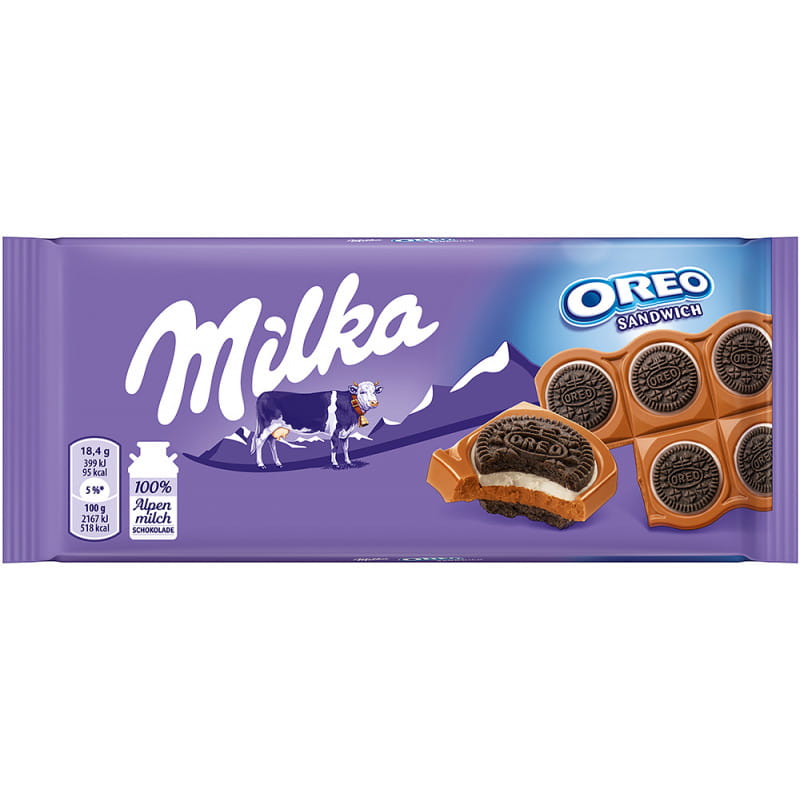 MILKA OREO COCOA COOKIES AND VANILLA FLAVOURED CREAMY FILLING ON MILK CHOCOLATE 92G