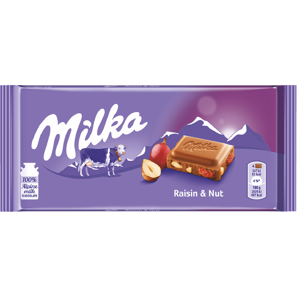 MILKA RAISIN & NUT ALPINE MILK CHOCOLATE 100G