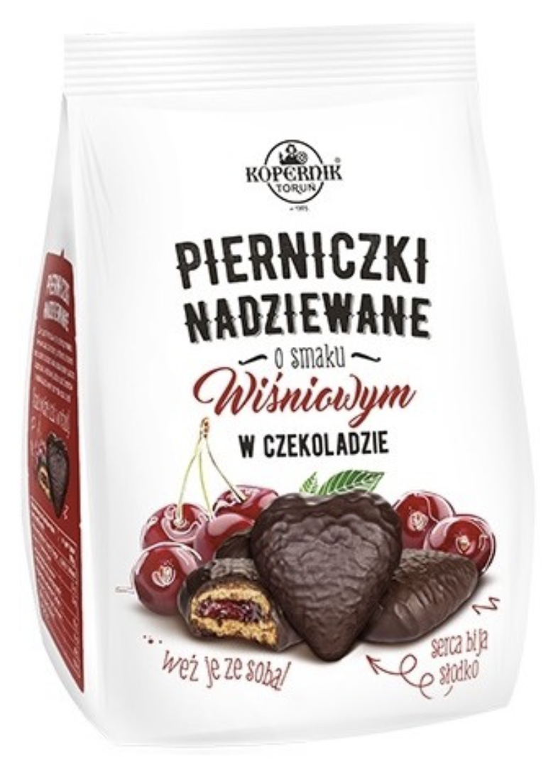 Gingerbread Hearts filled with Cherry Marmalade Coated in chocolate 150g Pierniczki Kopernik